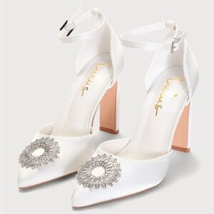 NWOT Lulus Bradleyy White‎ Satin Pointed-Toe Ankle Strap Pumps